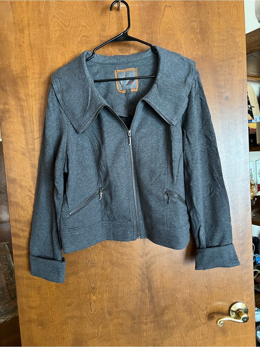 Womens Dark Gray Zip-Front Mid Crop Thick Sweat Jacket